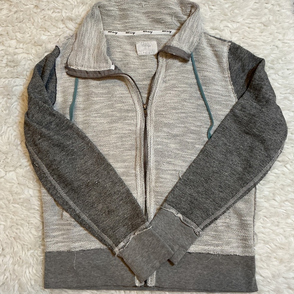 BKE Lounge Womens Full‎ Zip Gray White Distressed Sweatshirt Jacket